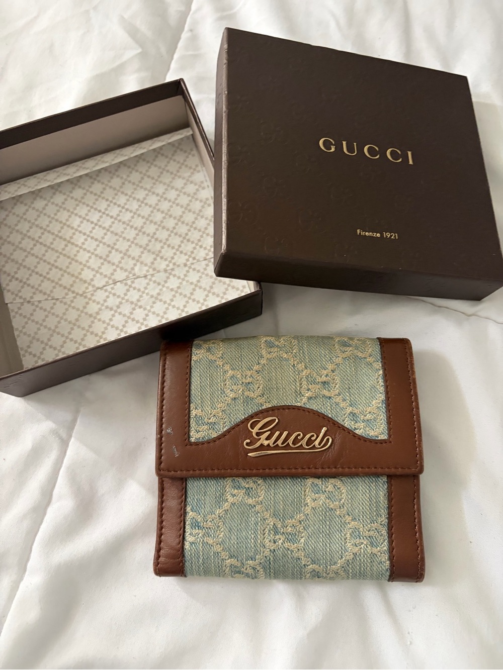 Gucci denim washed Monogram Canvas Wallet with Brown Leather Trim
